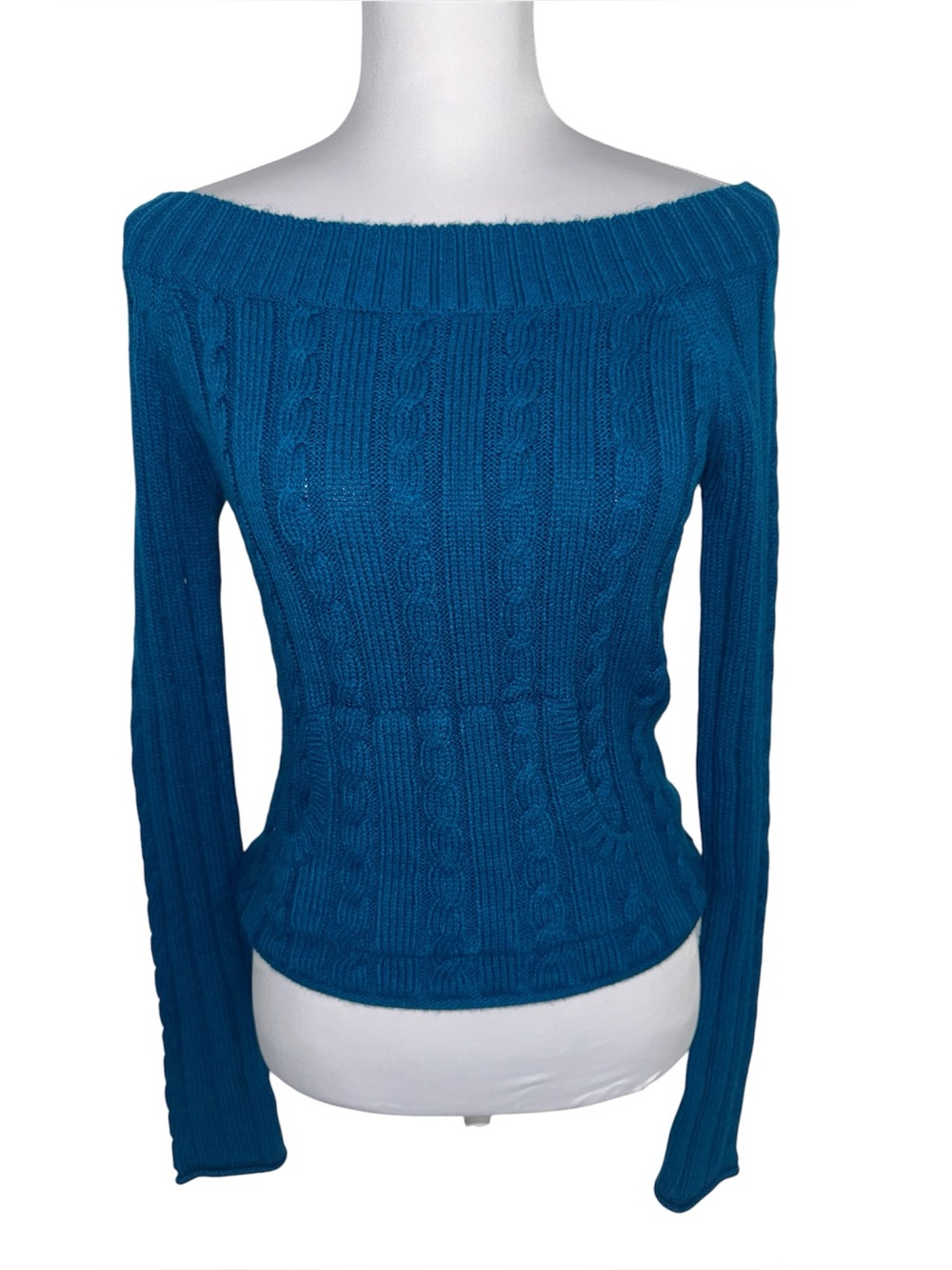 Y2K Teal Off Shoulder Cable Knit Sweater Fitted Long Sleeve Cozy Stretch Top Alt